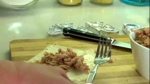 Cristal Bardzo preps tuna wrap in kitchen, nude tits out, filthy food play tease
