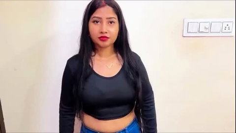 Desi Indian babe Joya Jay in tight black crop top and jeans, hot midriff tease