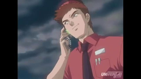Red-haired anime salaryman smirking on phone call in stormy night