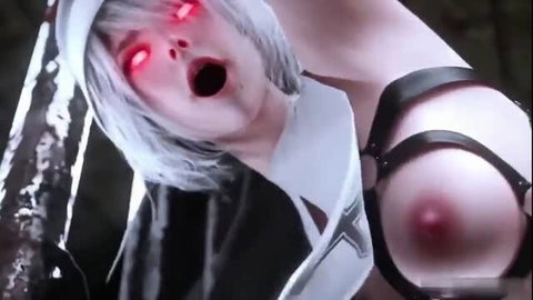 Yorha 2B cosplay nun with red eyes screaming, exposed tits closeup