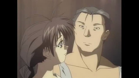 Anime couple close-up: glasses girl nuzzling topless man, intimate embrace