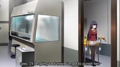 Anime girl in red sweater and skirt stands by lab door in Oni Chichi Rebuild vol.2