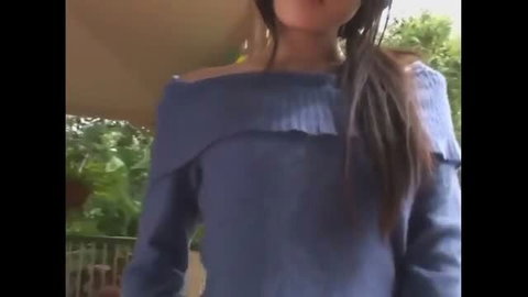 Hot Asian babe in off-shoulder blue top shows stunning beauty