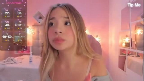 Dulce Powl sexy tiny model blonde in pink room closeup