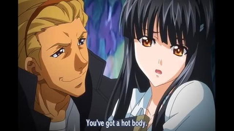 Blonde man compliments busty black-haired anime girl's hot body in JAV hentai