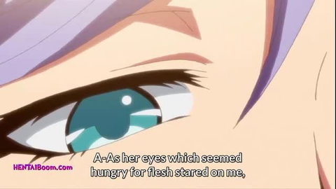Close-up of seductive blue eye with hungry gaze, purple hair hentai girl