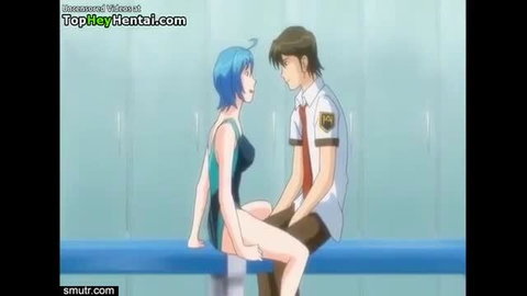 Busty blue haired anime girl in swimsuit seduces shy guy