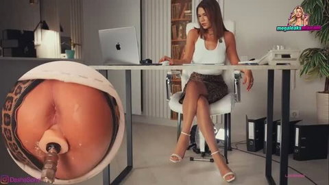Woman in skirt sits at desk with large anal toy closeup