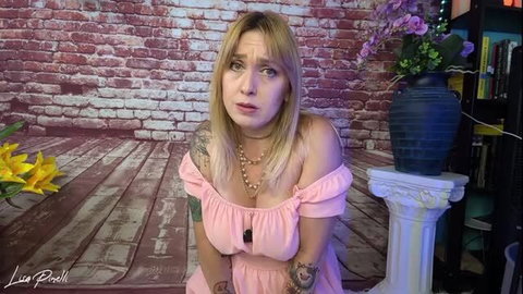 Blonde stepmom in pink off-shoulder dress showing cleavage