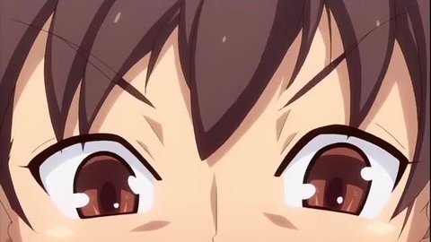 Close-up of wide-eyed anime girl with brown hair and big eyes
