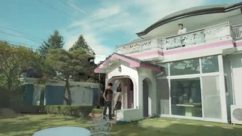 Korean couple outside luxury villa, busty GF in home scene