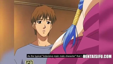 Busty blue-braided anime girl in purple top with indecisive male character