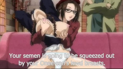 Anime onee-san in glasses teasing with breasts on pink couch