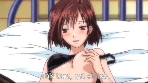 Anime girl with short brown hair lying in bed, pulling down top