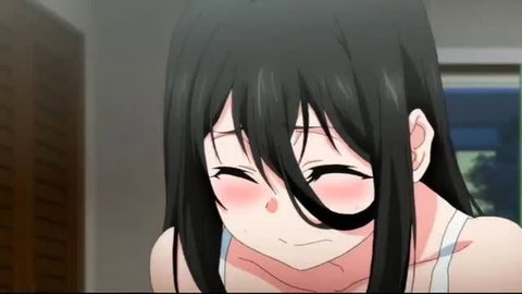 Blushing anime girl with sweaty cleavage and flushed face