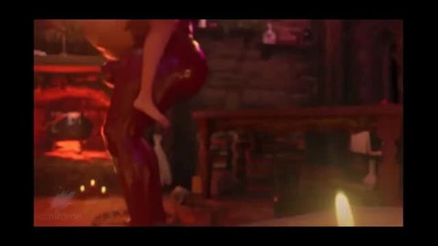 Animated fantasy couple in red outfit with leg wrap pose