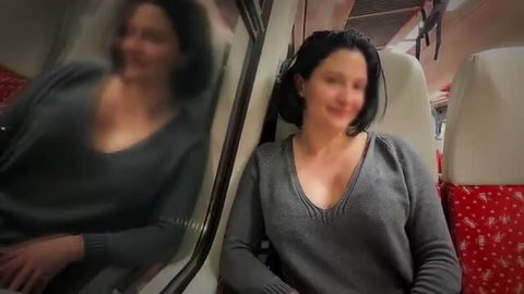Dede Deville amateur brunette in grey sweater on train