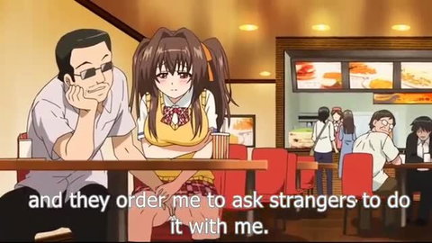 Anime schoolgirl in yellow top with older man in fast food scene