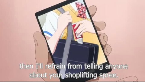Anime phone screenshot showing school uniform kids with glue tube and bag