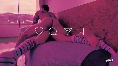 POV couple fucking on bed with woman in striped thigh-high socks