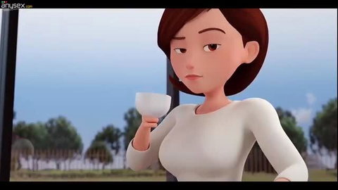 Brunette milf in tight white top holding cup, seductive look
