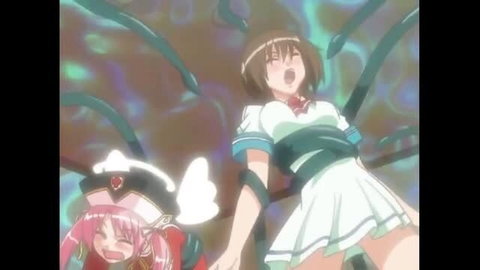 Hentai schoolgirl and pink-haired maid embraced by tentacles