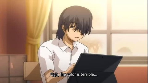 Anime boy in white shirt reacting to laptop screen