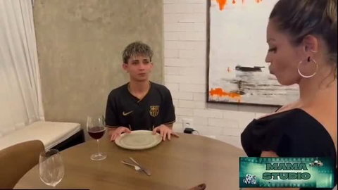 Agatha Mama in black dress seduces stepson Erick Rosa at dinner table