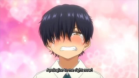 Crying anime boy demands apology, emotional expression