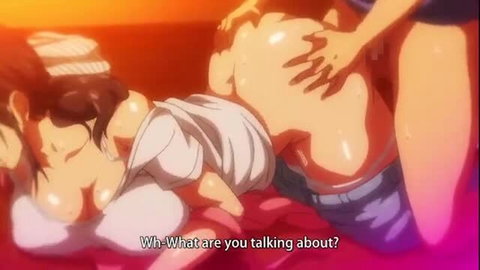 Anime hentai scene with busty woman and man having sex on red sheets