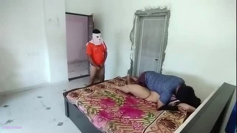 Telugu MILF in doggy style threesome with masked men