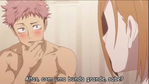 Blushing shirtless pink-haired muscular guy seduced by long-haired anime girl