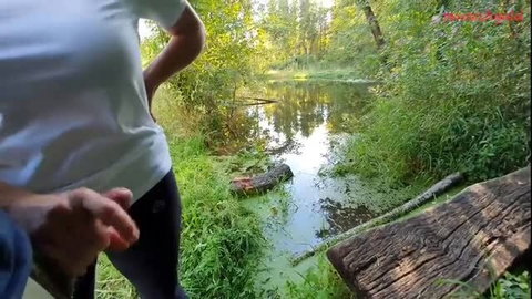 Outdoor forest handjob blowjob by stream, amateur public sex