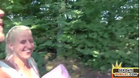 Amateur blonde MILF smiling during outdoor public sex casting