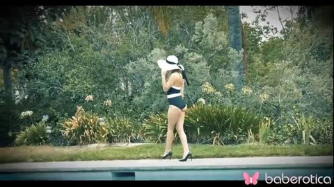 Jillian Janson in black and white swimsuit and sun hat outdoors, Solo Blonde Jillian Janson Masturbating