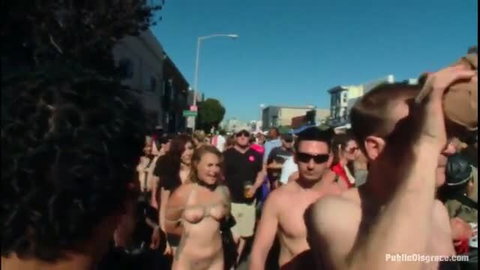 Peyton topless and bound in public crowd at Folsom Street Fair