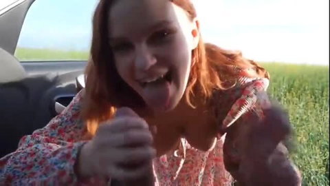 Redhead woman giving outdoor public blowjob POV