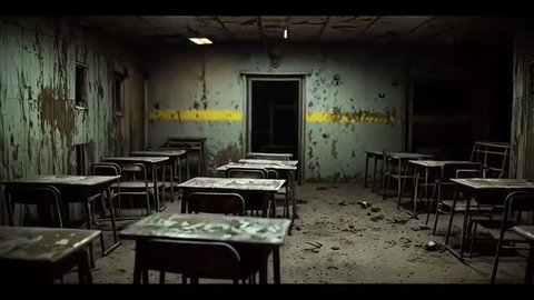 Abandoned classroom post-apocalyptic Fallout fantasy adult scene