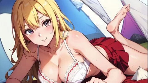 Blonde woman in white lace bra and red skirt at campsite