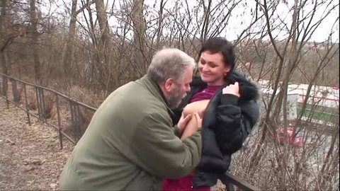 Mature couple outdoor sex with teacher Udo in winter coats
