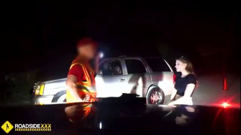 Nighttime roadside sex with mechanic and brunette in black top