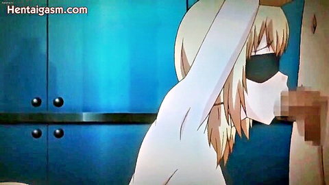 Blonde hentai nurse in uniform giving censored blowjob