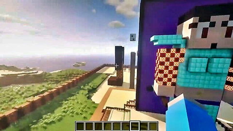 Minecraft giantess towering over alien landscape at sunset