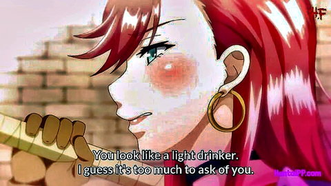 Red-haired anime girl with green eyes flirting in hentai scene