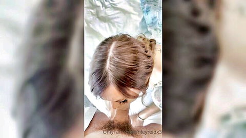 Riley Reid sneaky blowjob POV in bed, petite brunette oral action