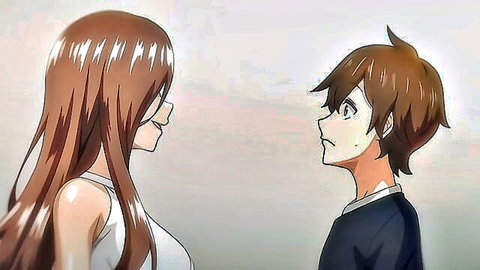 Anime glasses girl with long brown hair in white top chats intimately with young boy