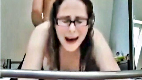 Sabine in intense doggy style sex, glasses on, brunette moaning passionately