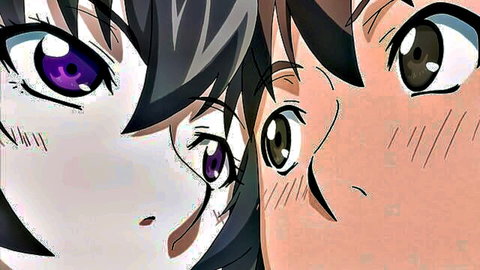 Anime couple intimate close-up, purple-eyed girl and blushing brown-haired boy gazing intensely