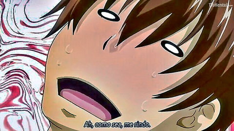 Aroused anime male with wide eyes, blush, and open mouth in hentai scene