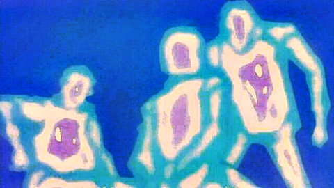 Abstract blue silhouettes of three figures in stylized group pose